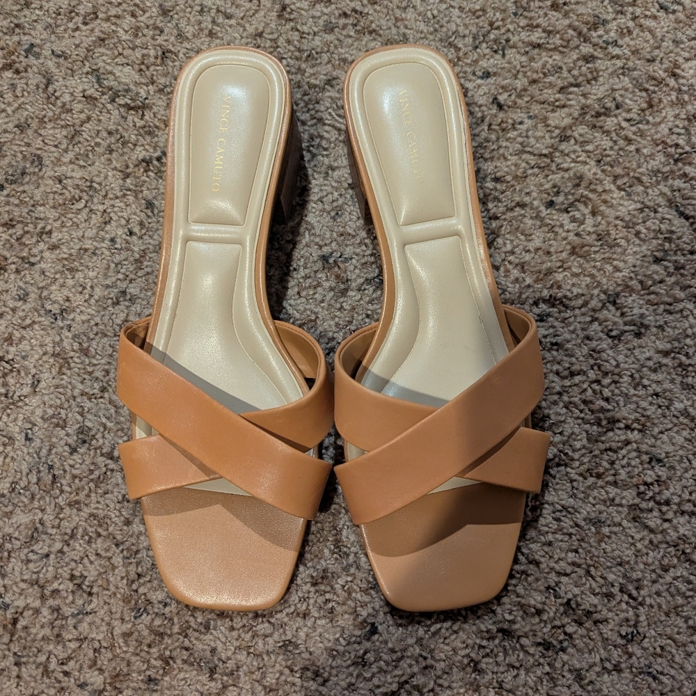 Vince Camuto Tan Cross-Strap Mules, size 11